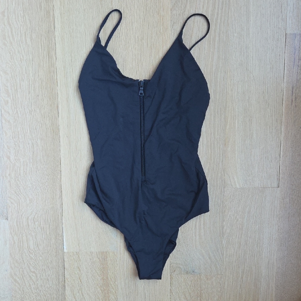 Black One-Piece Swimsuit with Zipper